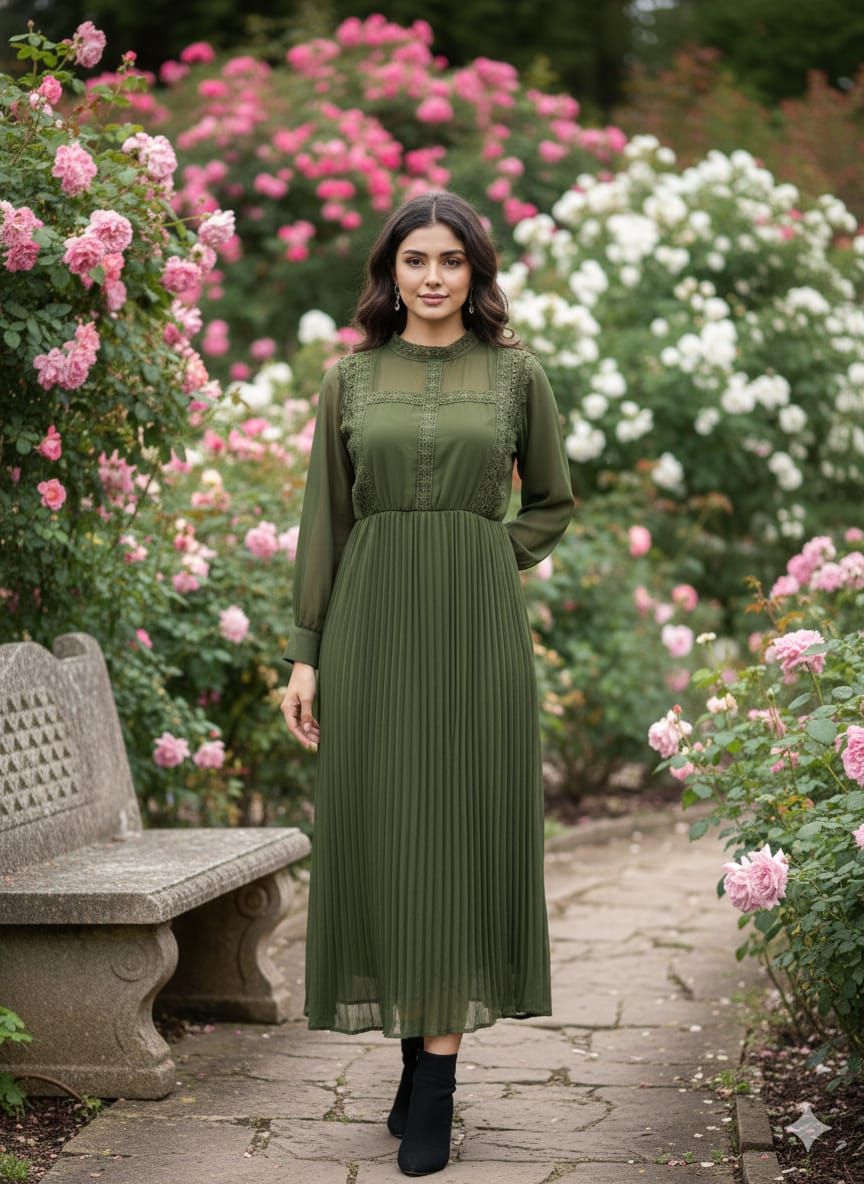Women's Olive Green Pleated Georgette Maxi Dress with Lace Work