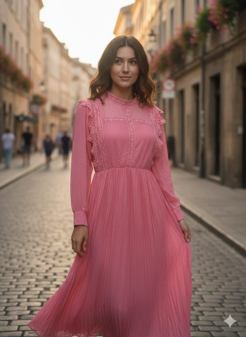 Georgette dress with lace work - close-up