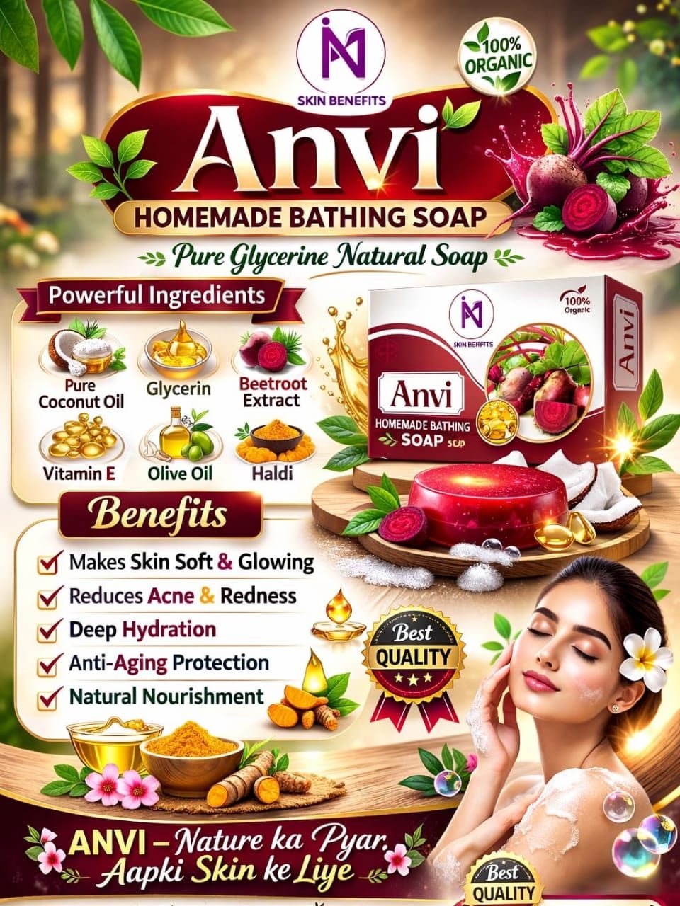 ANVI Homemade Glycerine Soap – 100% Natural, Beetroot & Coconut Oil Infused Bathing Bar - in use