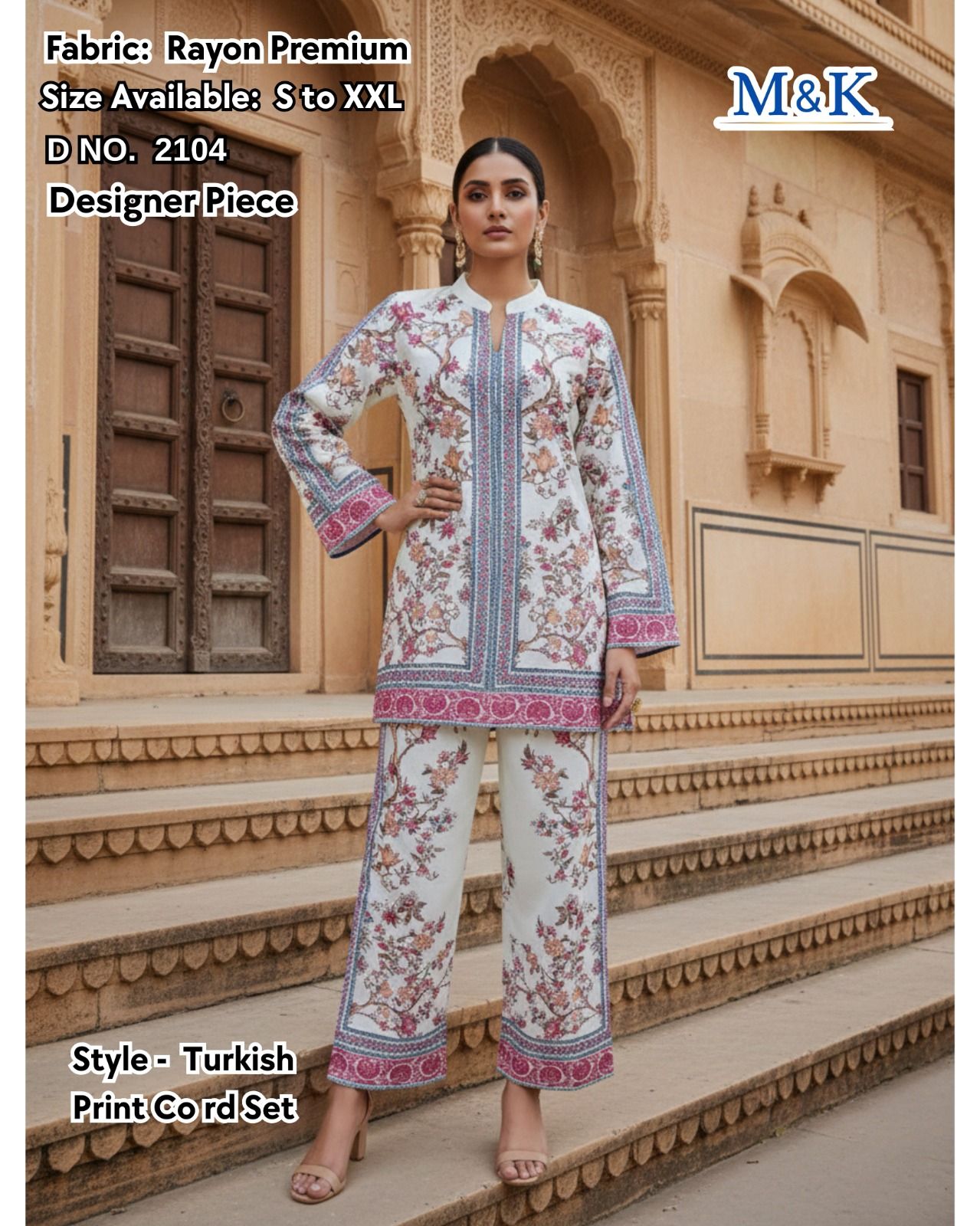 Premium Turkish Print Rayon 2-Piece Co-Ord Set (Off-White & Pink)