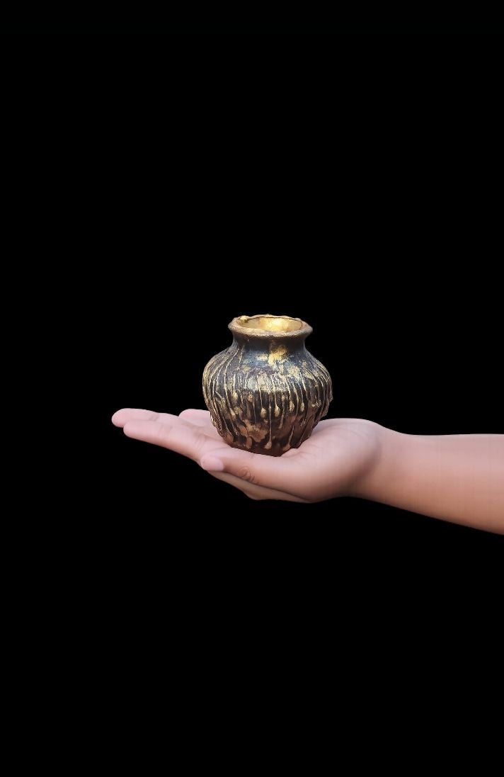 Miniature terracotta/ clay/ earthen/ mitti handcrafted and hand painted pots ideal for standalone show piece, home decor, office decor, bedroom decor, living room decor, tabletop decor - in use
