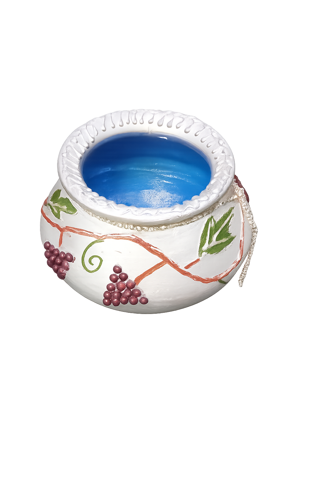 Handcrafted and hand painted terracotta/clay/mitti/ earthen pot/ vase greyish silver with grapevine design for home/office/balcony/hotel/living room/bedroom shelf decor, diwali gift| boho painted deco - back view