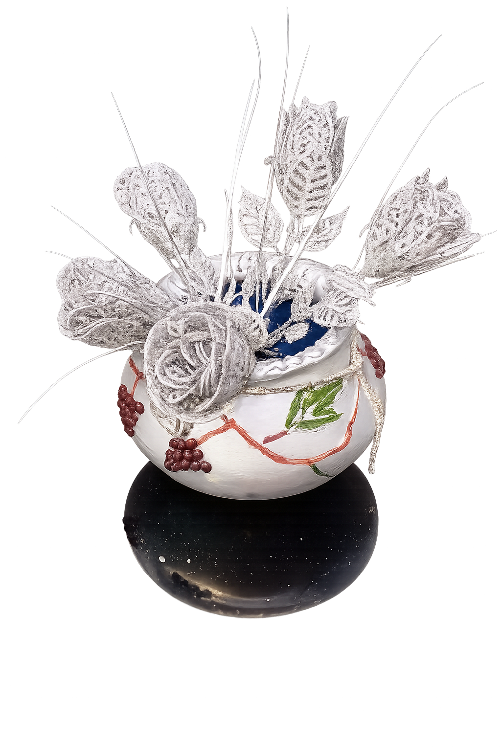 Handcrafted and hand painted terracotta/clay/mitti/ earthen pot/ vase greyish silver with grapevine design for home/office/balcony/hotel/living room/bedroom shelf decor, diwali gift| boho painted deco - in use