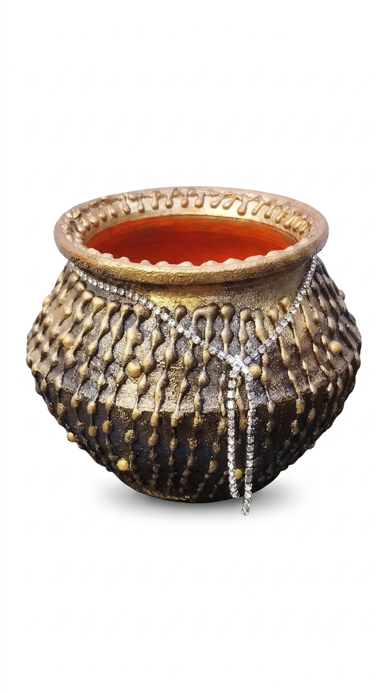 Royal handcrafted and hand painted decorative terracotta/ clay/mitti/ earthen pot/ matka/ vase for home/ office/ bedroom shelf/ living room/ hotel/ balcony decor - close-up