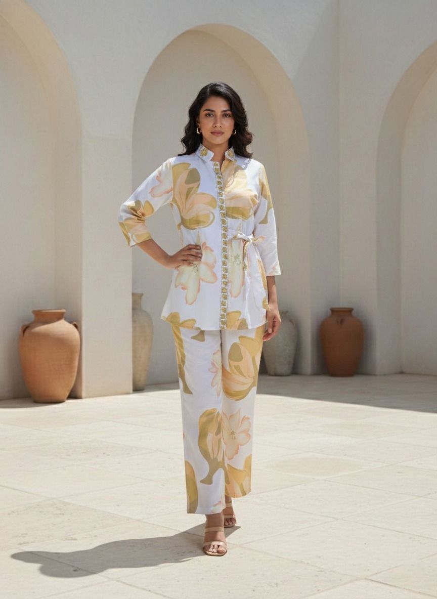 Women's Floral Printed White & Beige Rayon Co-ord Tunic & Trousers Set