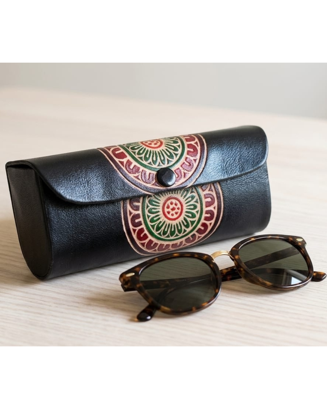 Genuine Leather Hand-Embossed Designer Sunglass Case (Black)