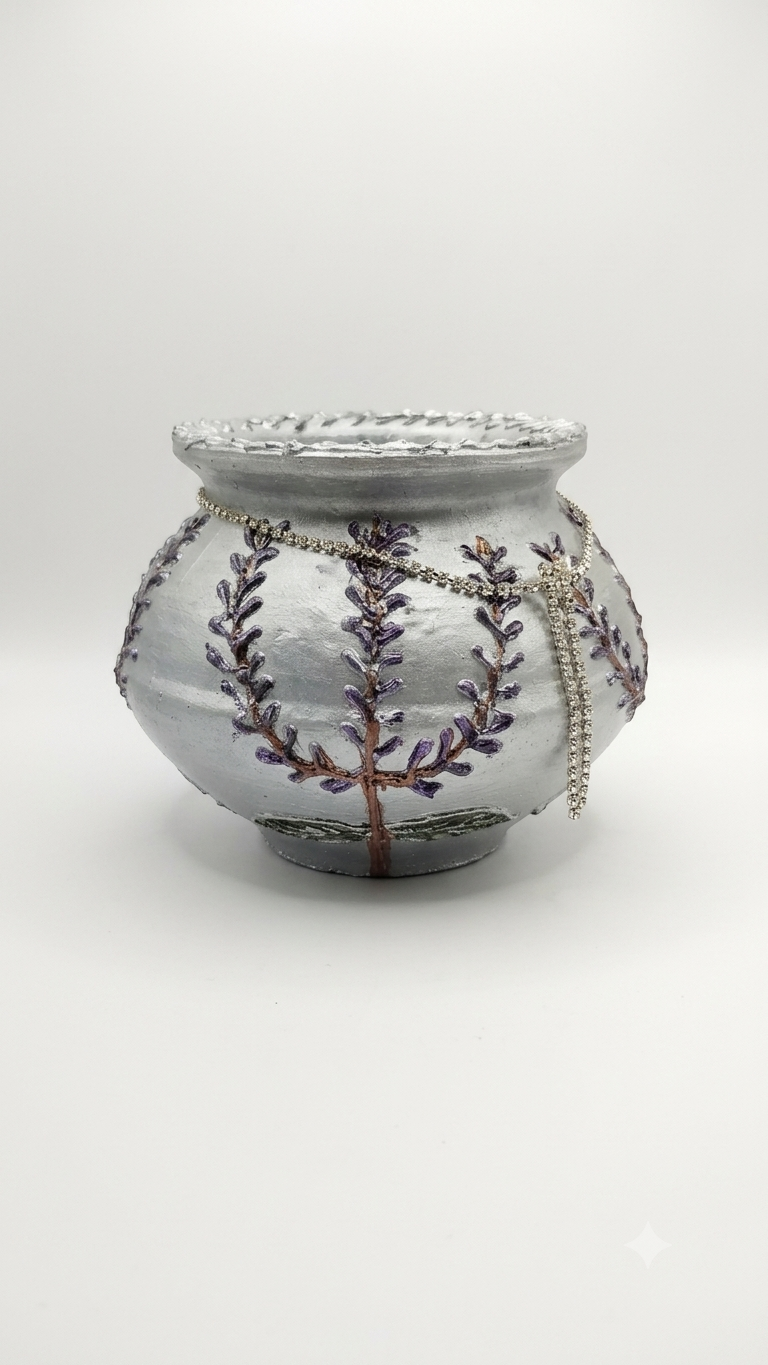 Handcrafted and hand painted decorative designer silver textured terracotta/ clay/mitti/ earthen pot/ vase with silver stone chain| matki planter for artificial flowers/ home/office/living room decor - back view