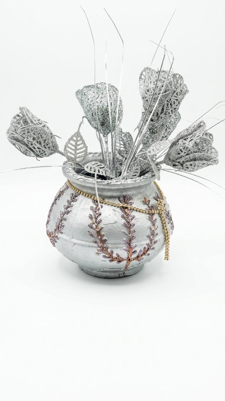 Handcrafted and hand painted decorative designer silver textured terracotta/ clay/mitti/ earthen pot/ vase with silver stone chain| matki planter for artificial flowers/ home/office/living room decor - detail view