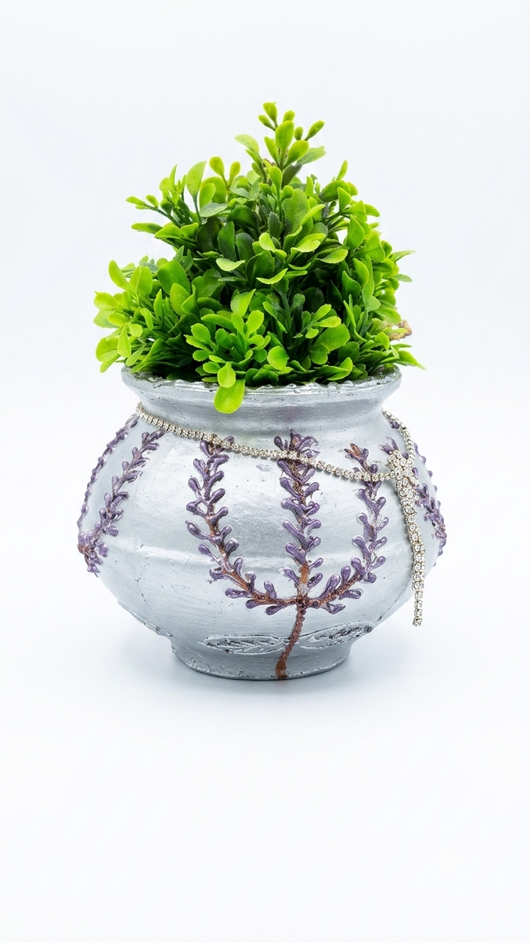 Handcrafted and hand painted decorative designer silver textured terracotta/ clay/mitti/ earthen pot/ vase with silver stone chain| matki planter for artificial flowers/ home/office/living room decor - in use