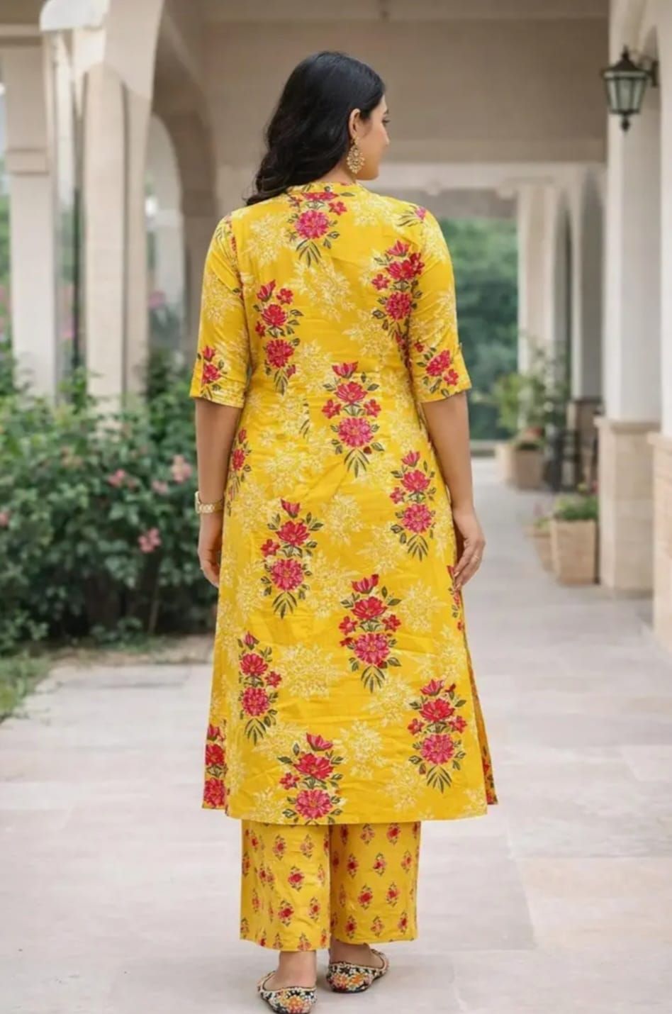 Premium Fine floral cotton kurti palazza set - detail view