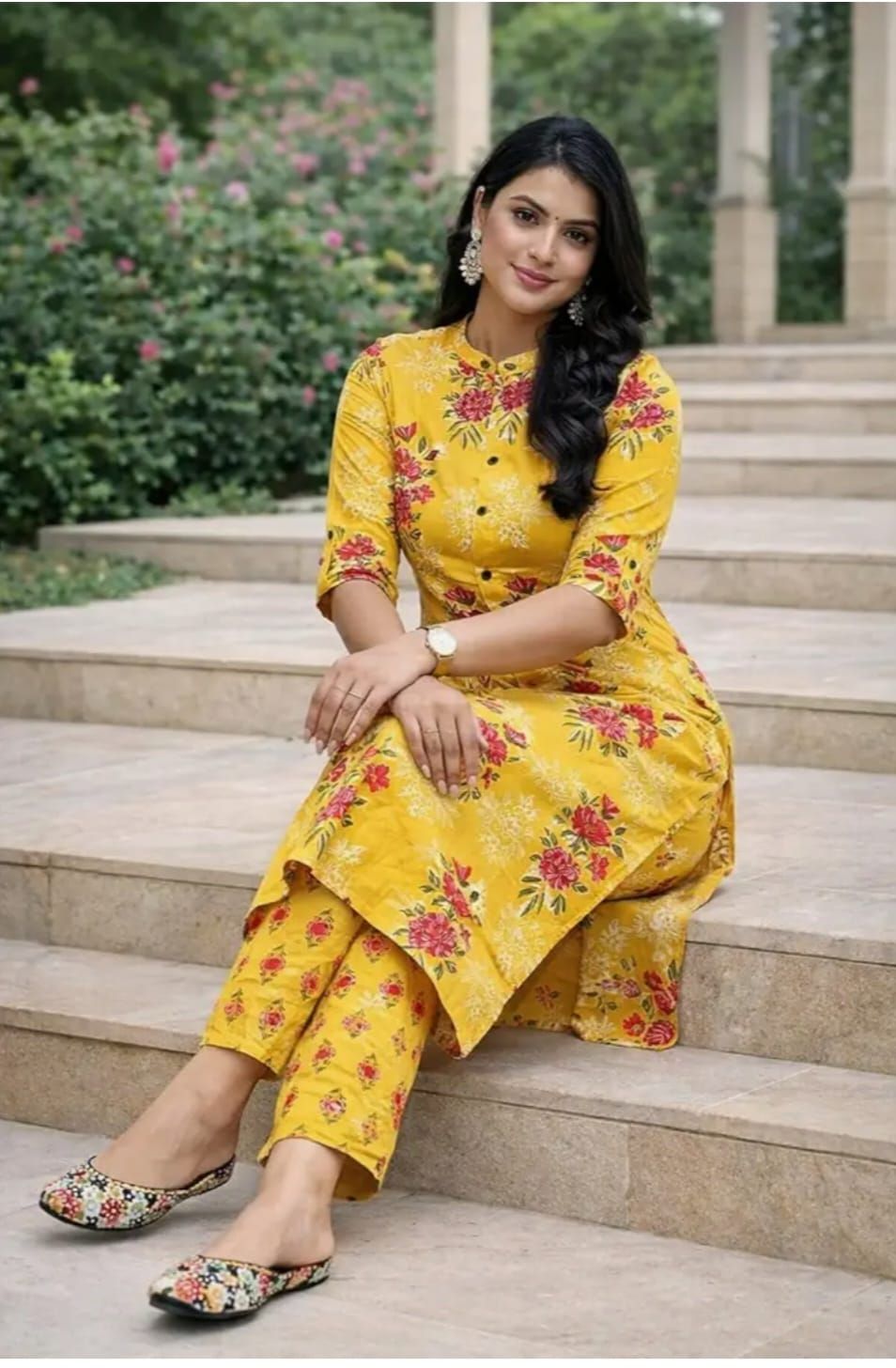 Premium Fine floral cotton kurti palazza set - in use