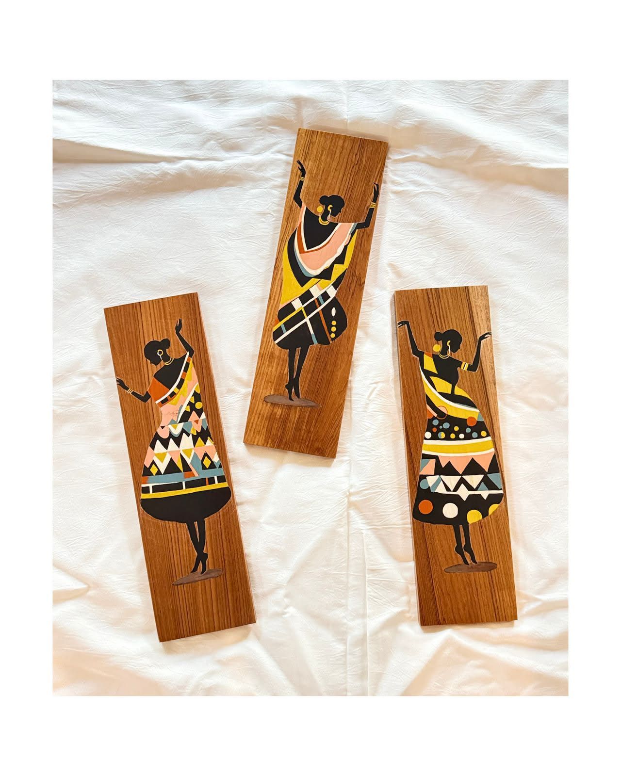 Hand-Painted Tribal Women Wooden Wall Art Set of 3