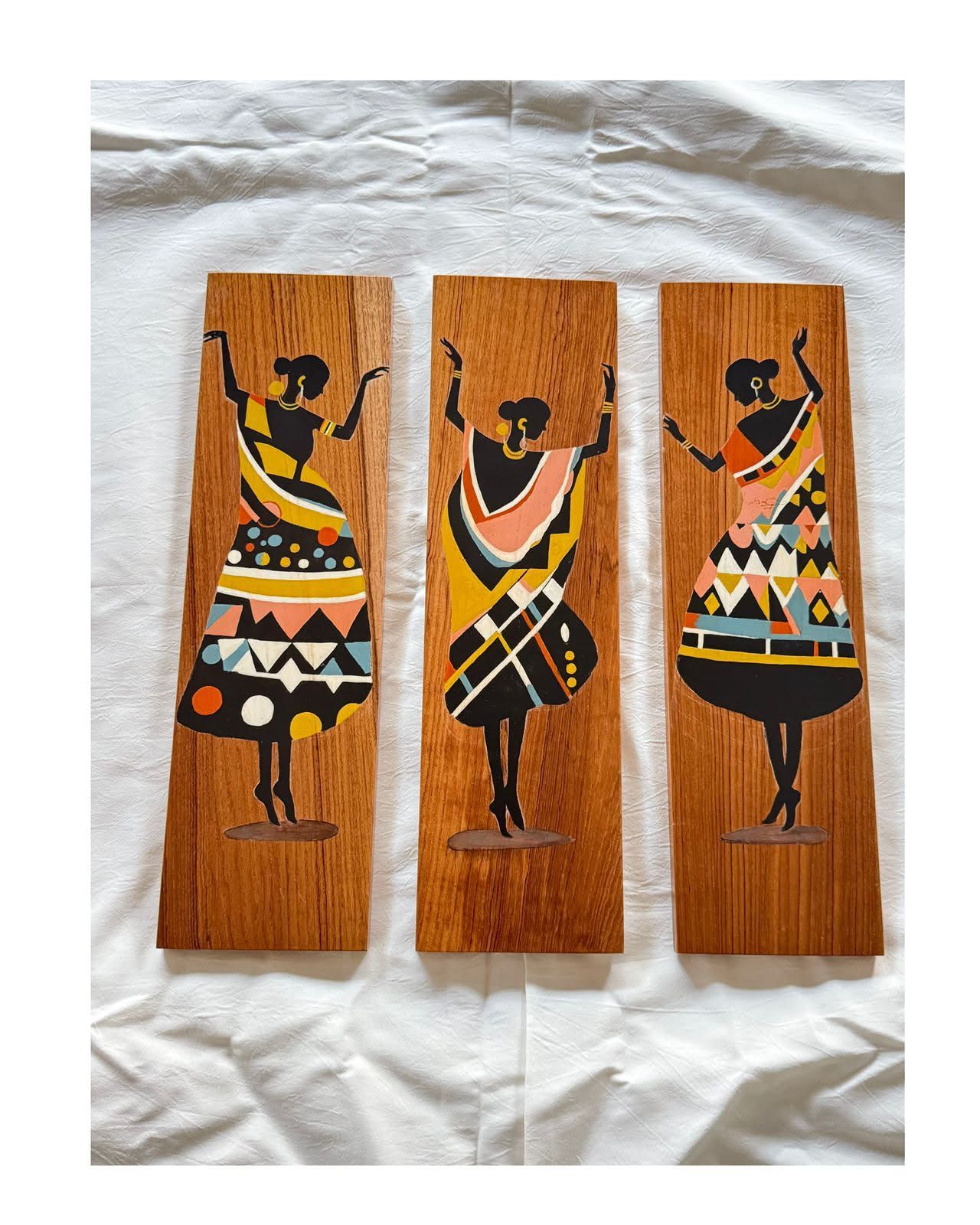 Hand-Painted Tribal Women Wooden Wall Art Set of 3 | Handmade Home Decor - back view