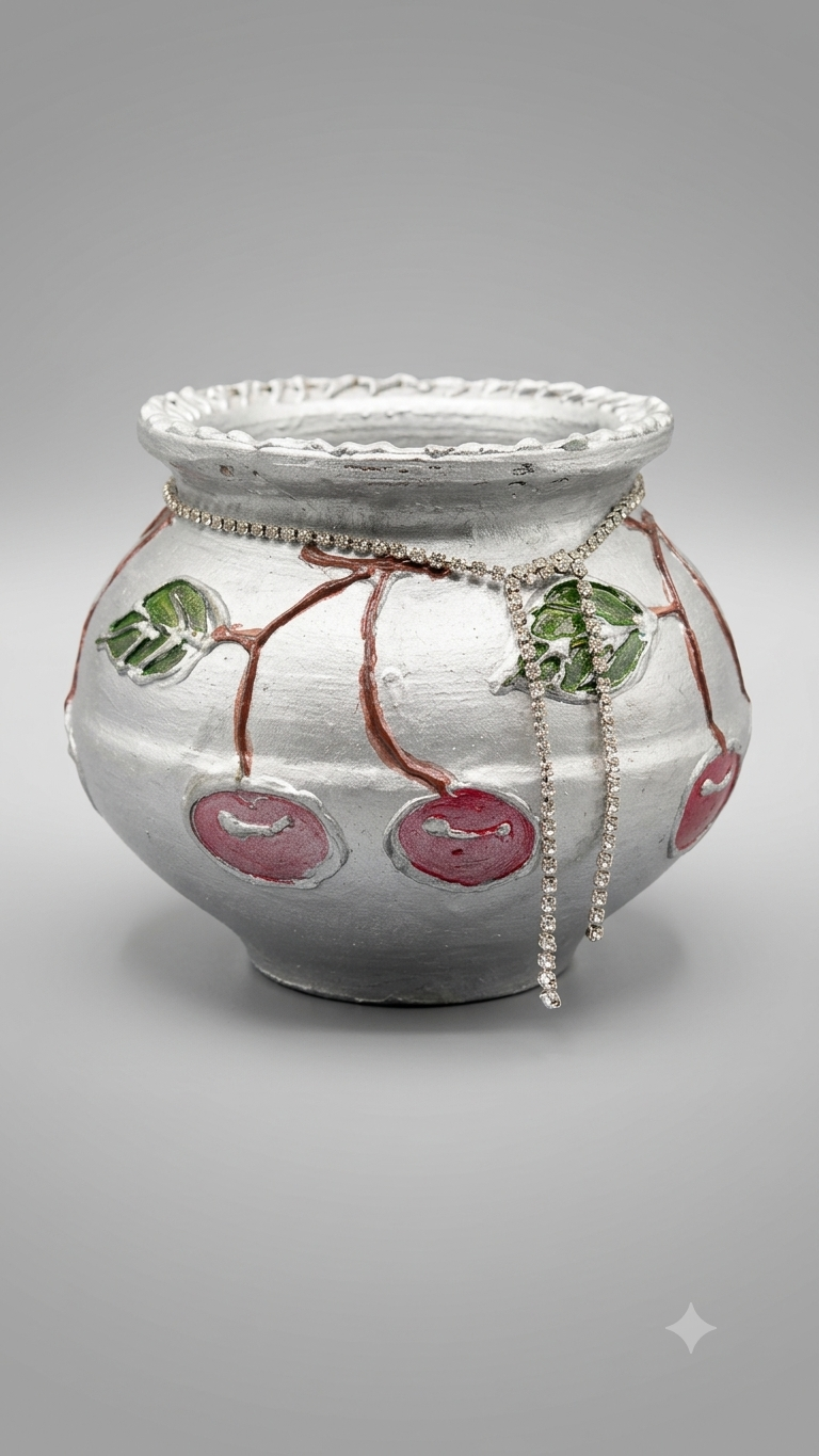 Handcrafted and hand painted silver terracotta/ clay/ mitti/ earthen pot with cherry design and silver stone chain| decorative designer terracotta artificial flowers and plants planter for home/ offf - back view