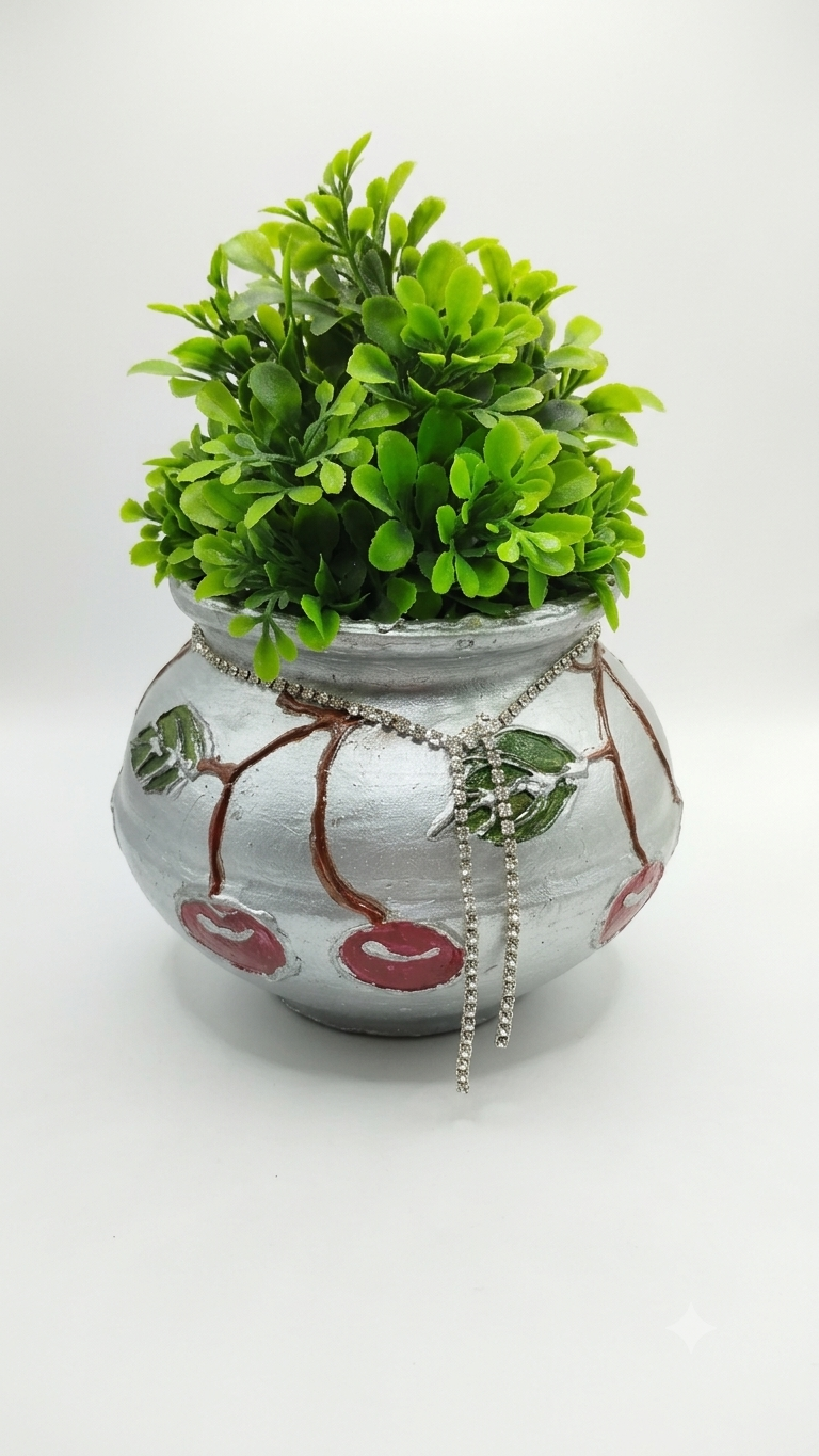 Handcrafted and hand painted silver terracotta/ clay/ mitti/ earthen pot with cherry design and silver stone chain| decorative designer terracotta artificial flowers and plants planter for home/ offf - detail view