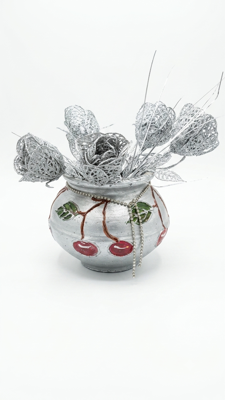 Handcrafted and hand painted silver terracotta/ clay/ mitti/ earthen pot with cherry design and silver stone chain| decorative designer terracotta artificial flowers and plants planter for home/ offf - in use