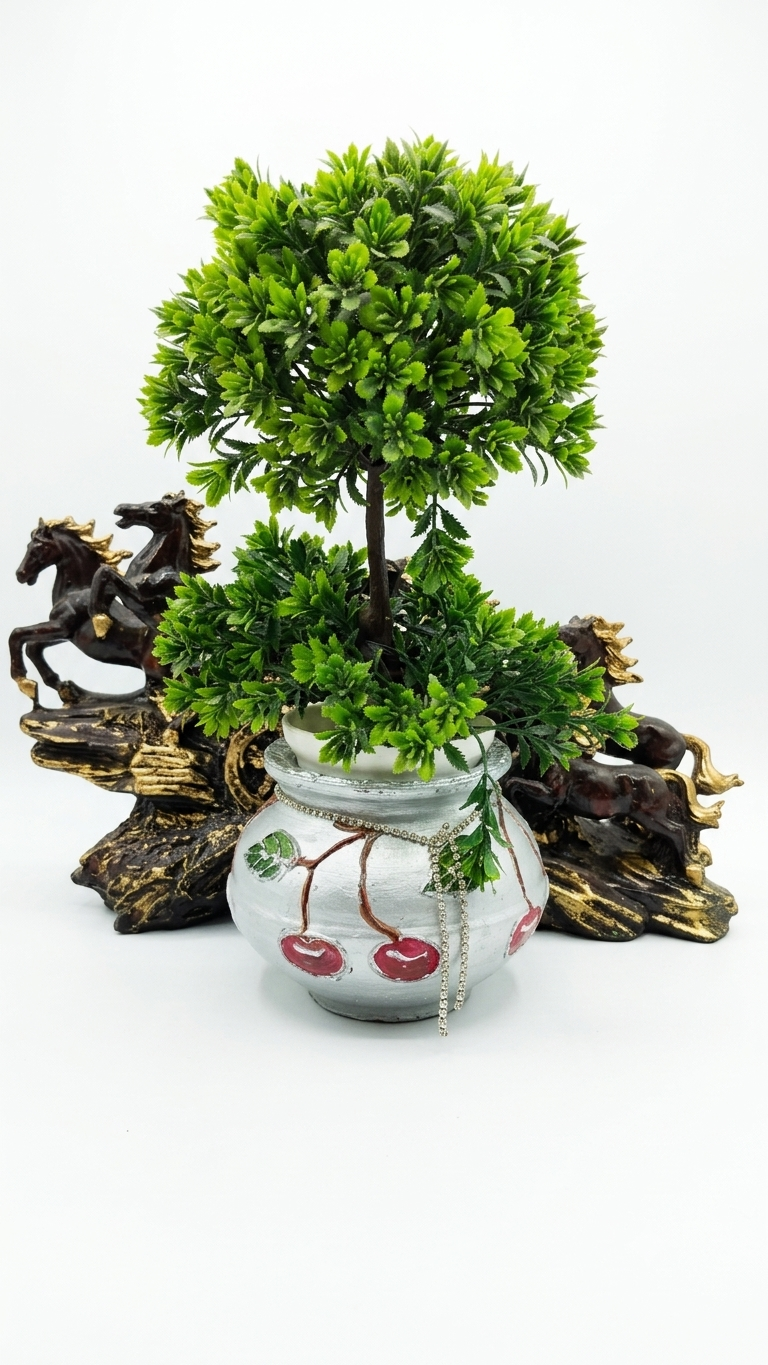 Handcrafted and hand painted silver terracotta/ clay/ mitti/ earthen pot with cherry design and silver stone chain| decorative designer terracotta artificial flowers and plants planter for home/ offf - close-up