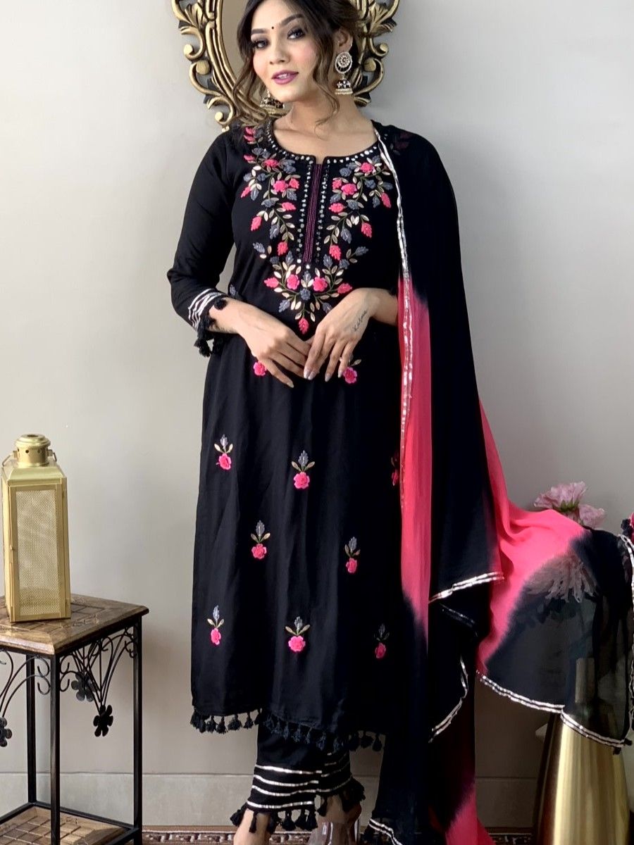Women's Black Embroidered Rayon Kurta Set with Chiffon Dupatta