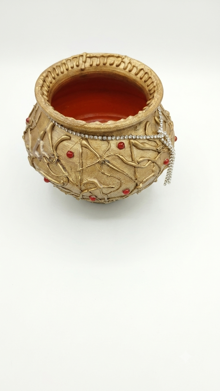 Designer handcrafted and hand painted 5½ inches gold finish earthen pot/ vase with 3D texture and silver stone chain| planter for artificial flowers and plants for home/ office/ living room/bedroom - back view