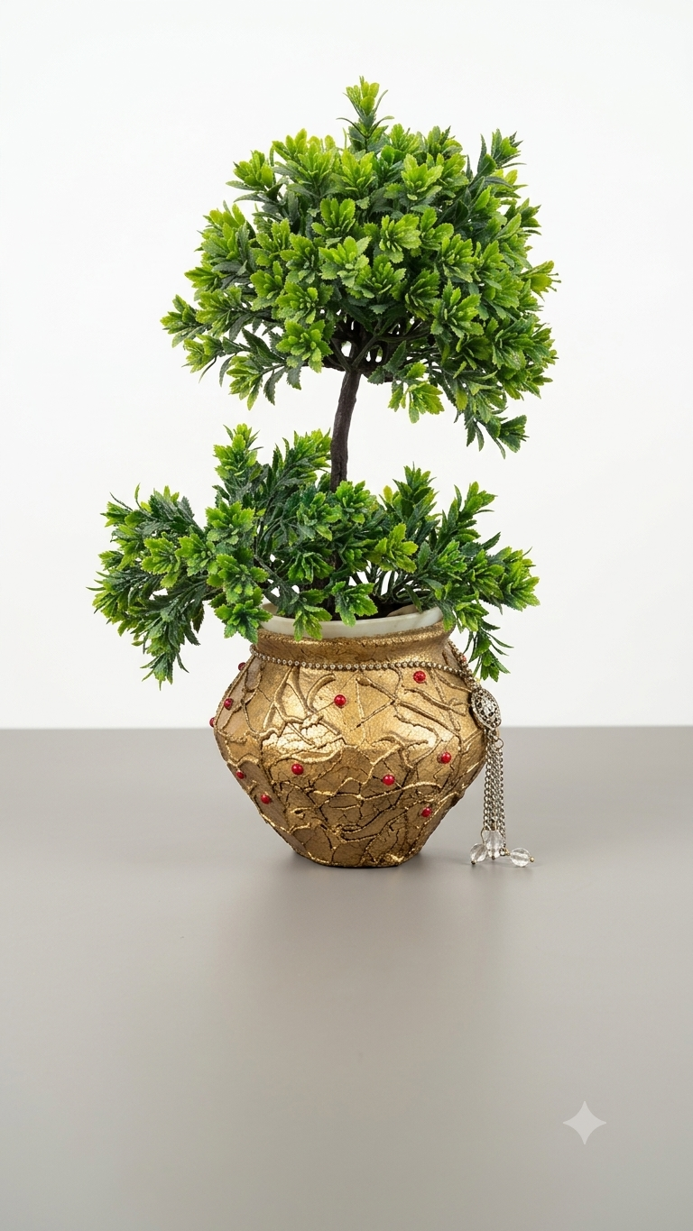 Designer handcrafted and hand painted 5½ inches gold finish earthen pot/ vase with 3D texture and silver stone chain| planter for artificial flowers and plants for home/ office/ living room/bedroom - detail view