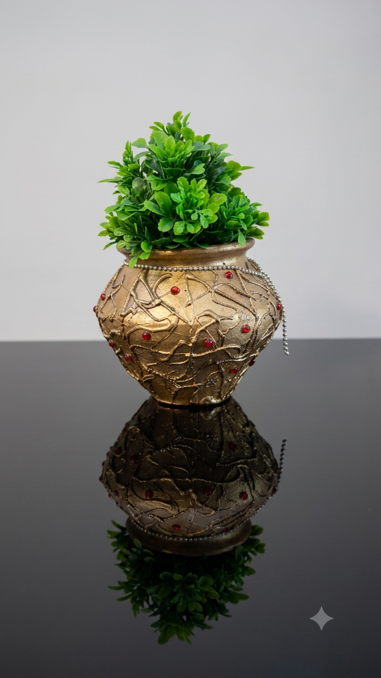 Designer handcrafted and hand painted 5½ inches gold finish earthen pot/ vase with 3D texture and silver stone chain| planter for artificial flowers and plants for home/ office/ living room/bedroom - in use