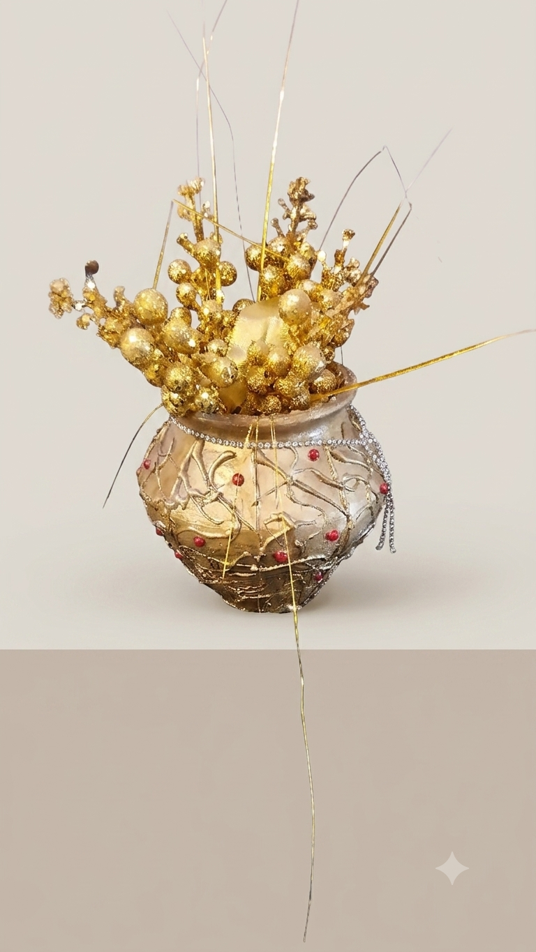 Designer handcrafted and hand painted 5½ inches gold finish earthen pot/ vase with 3D texture and silver stone chain| planter for artificial flowers and plants for home/ office/ living room/bedroom - close-up