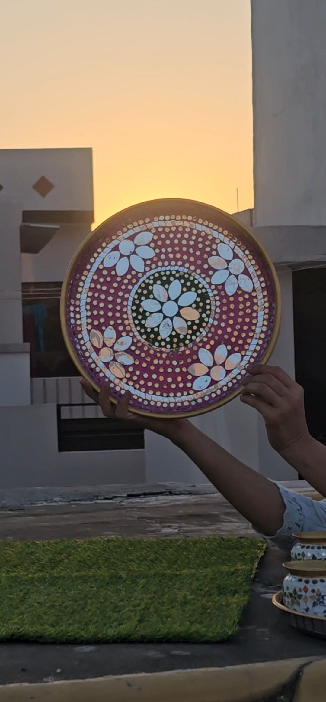 Heritage Mirror Mosaic Decorative Pooja Thali - back view