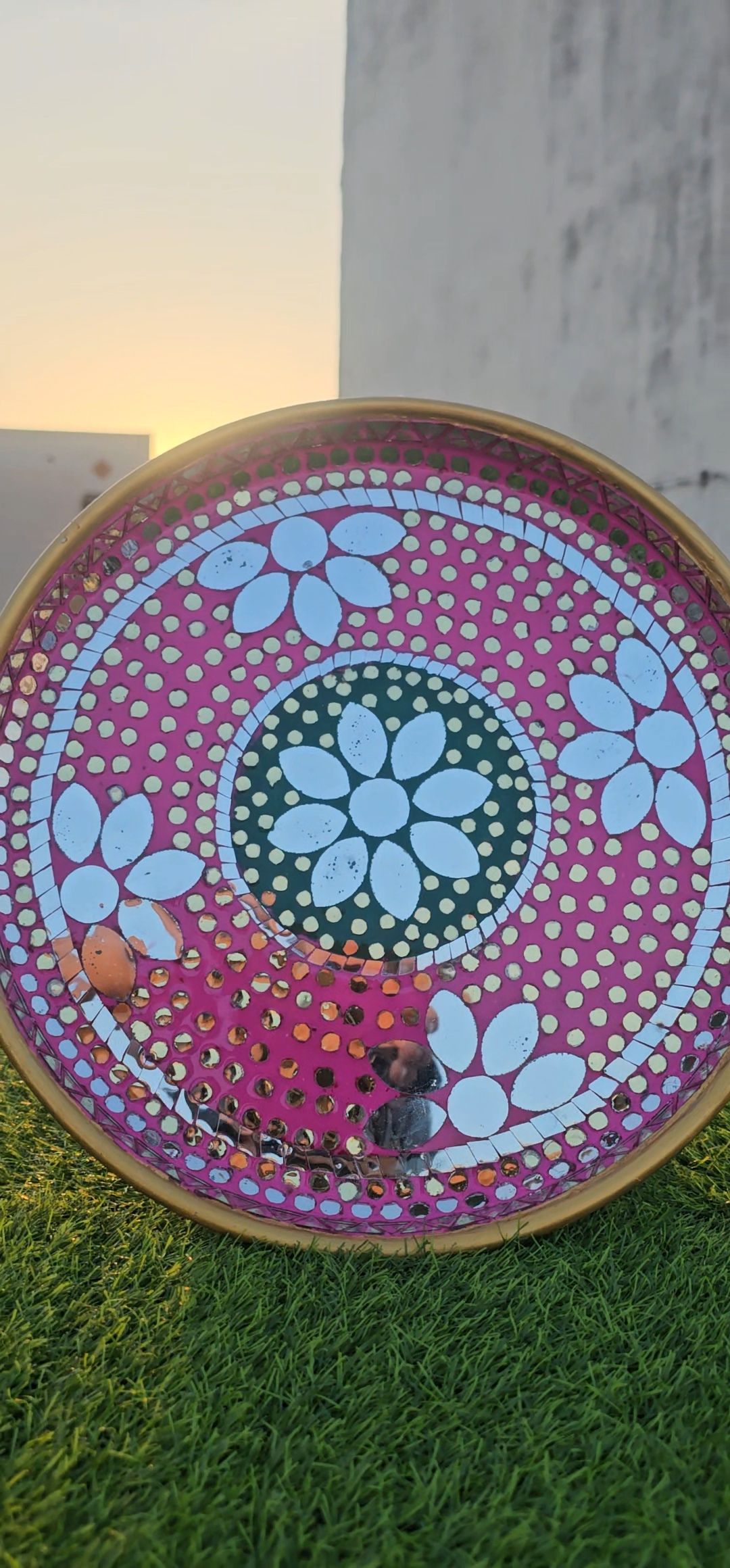 Heritage Mirror Mosaic Decorative Pooja Thali - detail view