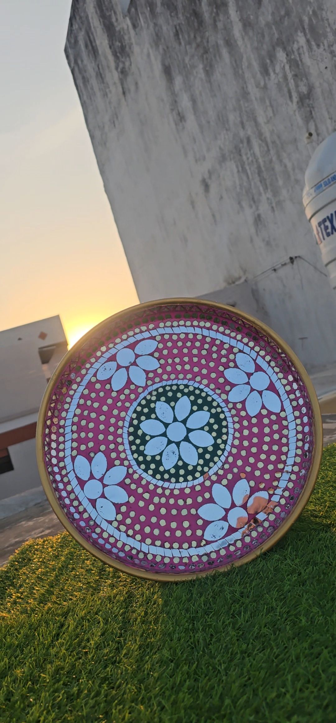 Heritage Mirror Mosaic Decorative Pooja Thali - in use