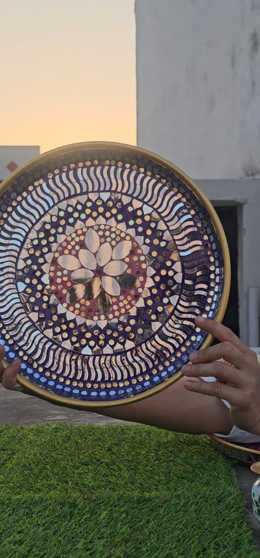 Heritage Mirror Mosaic Decorative Pooja Thali - close-up