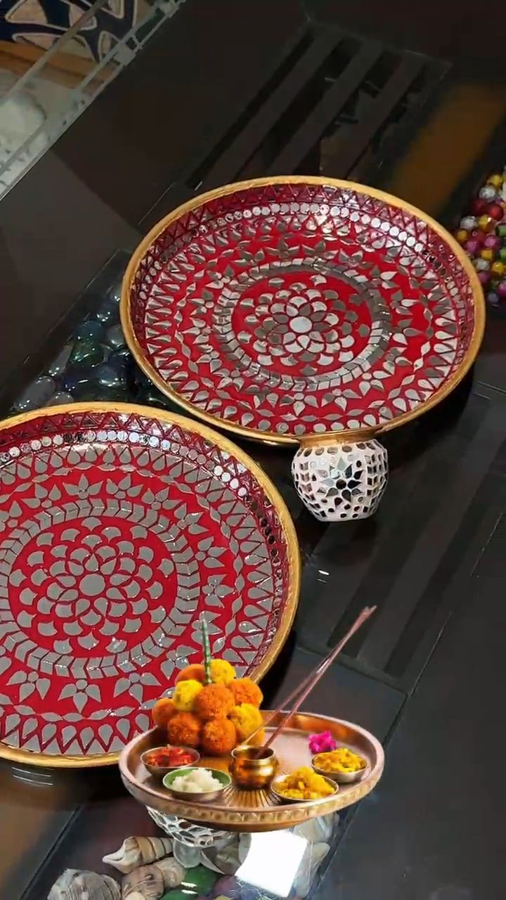 Heritage Mirror Mosaic Decorative Pooja Thali - alternative angle