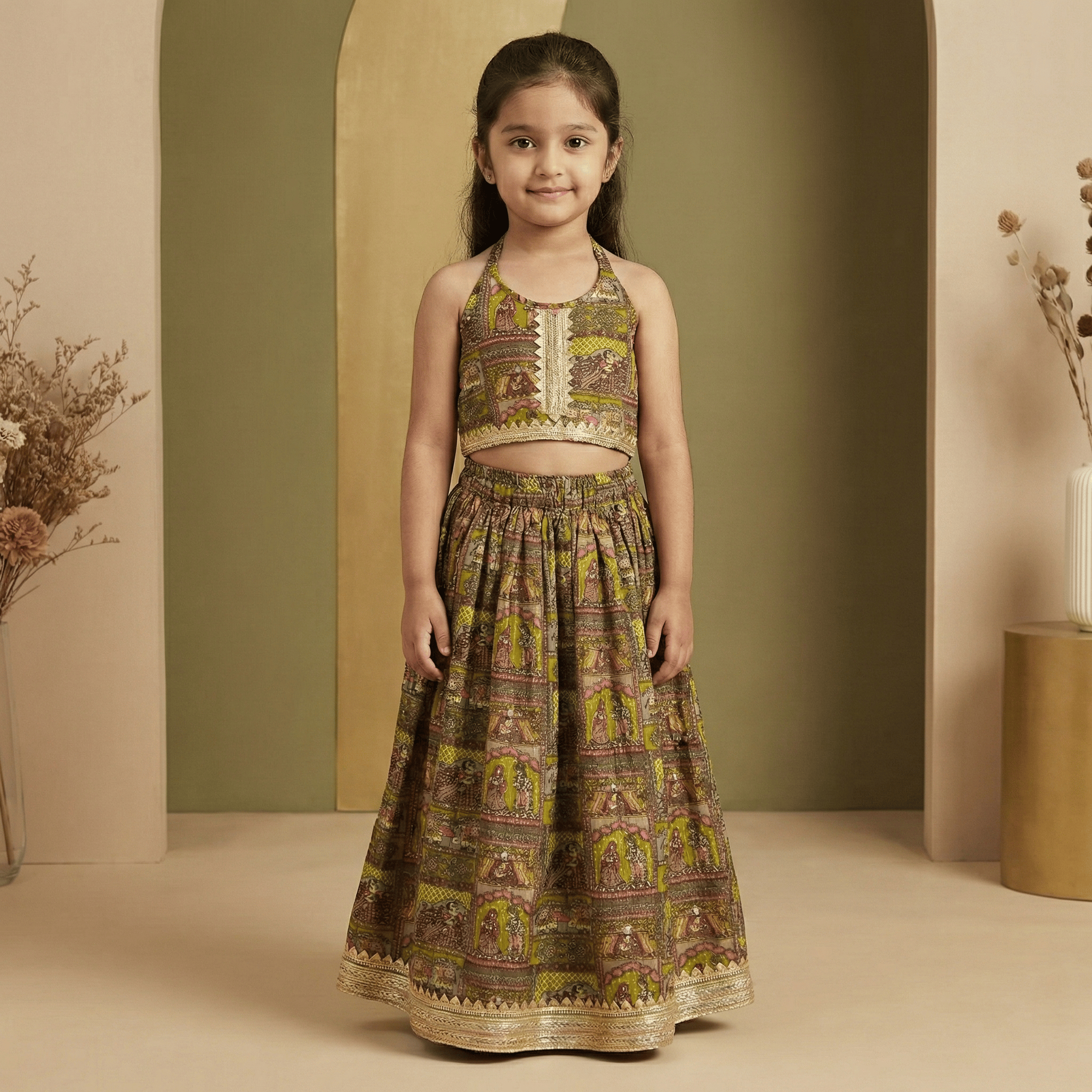 Girls Printed Halter Top & Skirt Ethnic Set