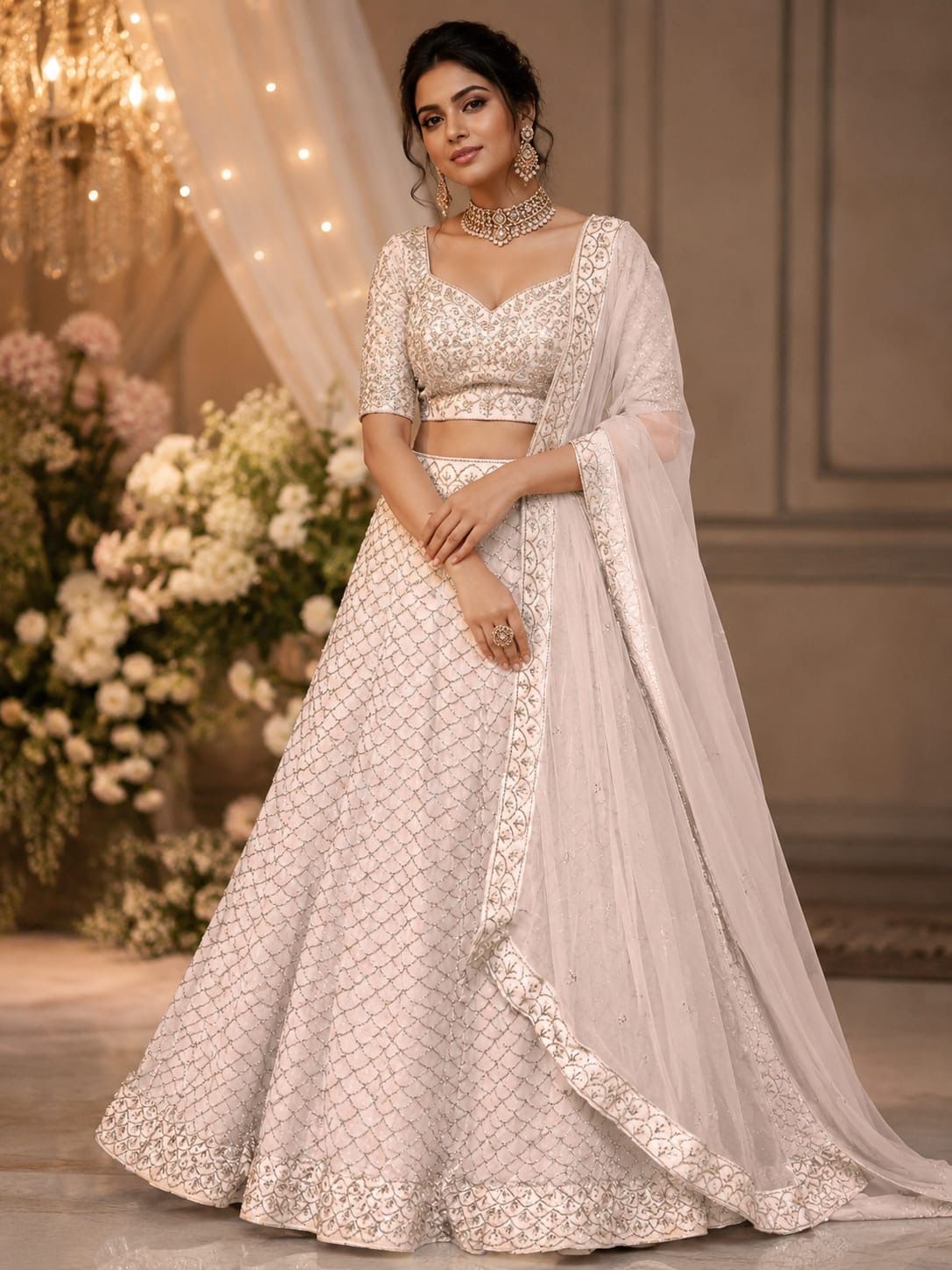 Elegant White Georgette Lehenga with Silver Embroidery