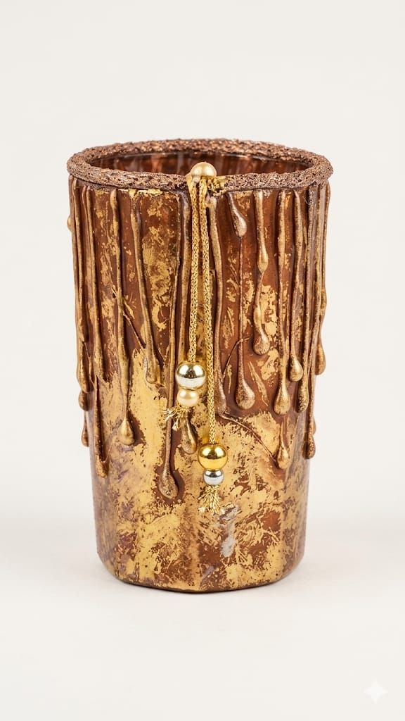 3D Royal antique handcrafted and hand painted brown- golden glass vase with dori tassel| decorative glass flower vase with 3D drip and antique gold finish for home/ office/ living room, bedroom decor - back view