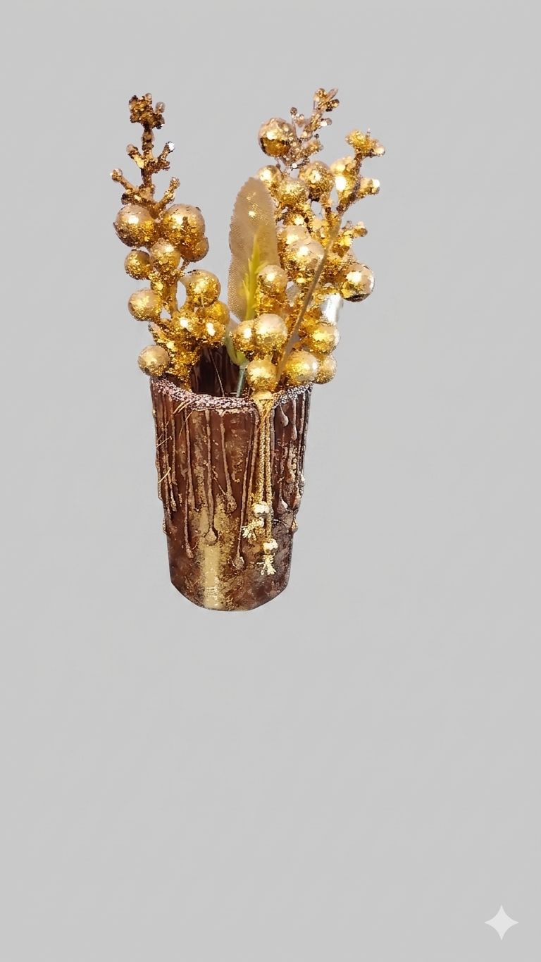 3D Royal antique handcrafted and hand painted brown- golden glass vase with dori tassel| decorative glass flower vase with 3D drip and antique gold finish for home/ office/ living room, bedroom decor - detail view