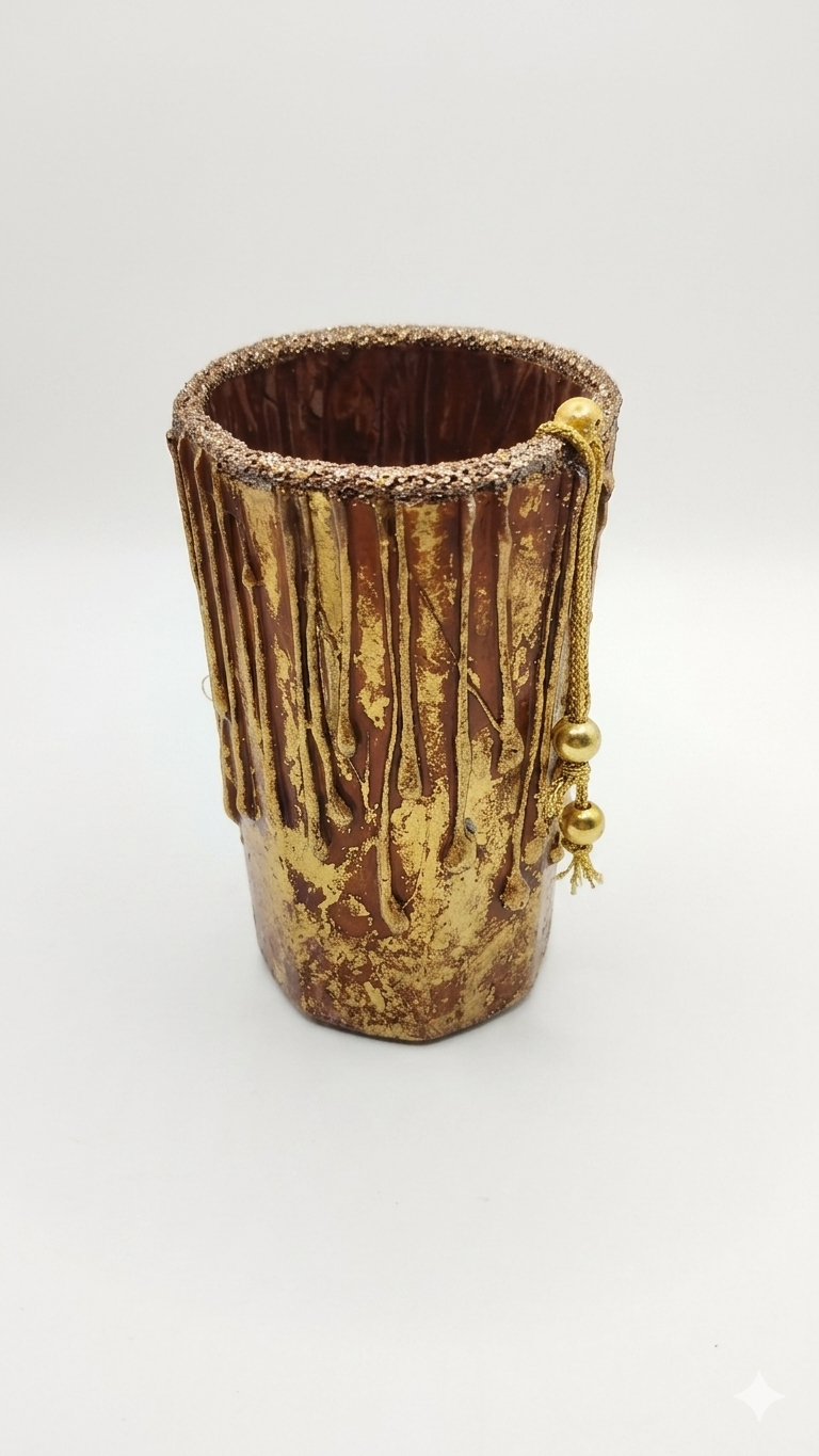 3D Royal antique handcrafted and hand painted brown- golden glass vase with dori tassel| decorative glass flower vase with 3D drip and antique gold finish for home/ office/ living room, bedroom decor - in use