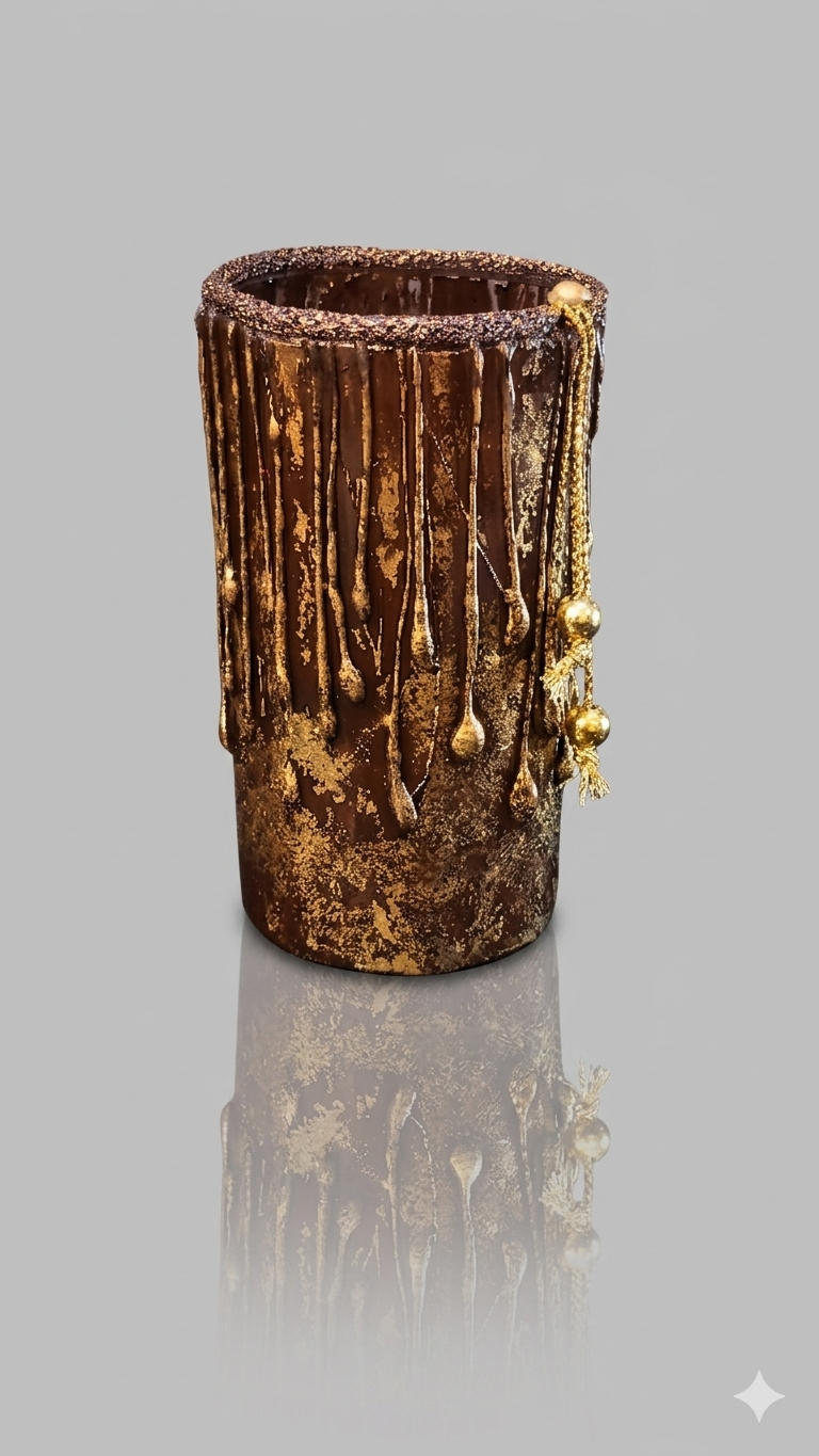 3D Royal antique handcrafted and hand painted brown- golden glass vase with dori tassel| decorative glass flower vase with 3D drip and antique gold finish for home/ office/ living room, bedroom decor - close-up