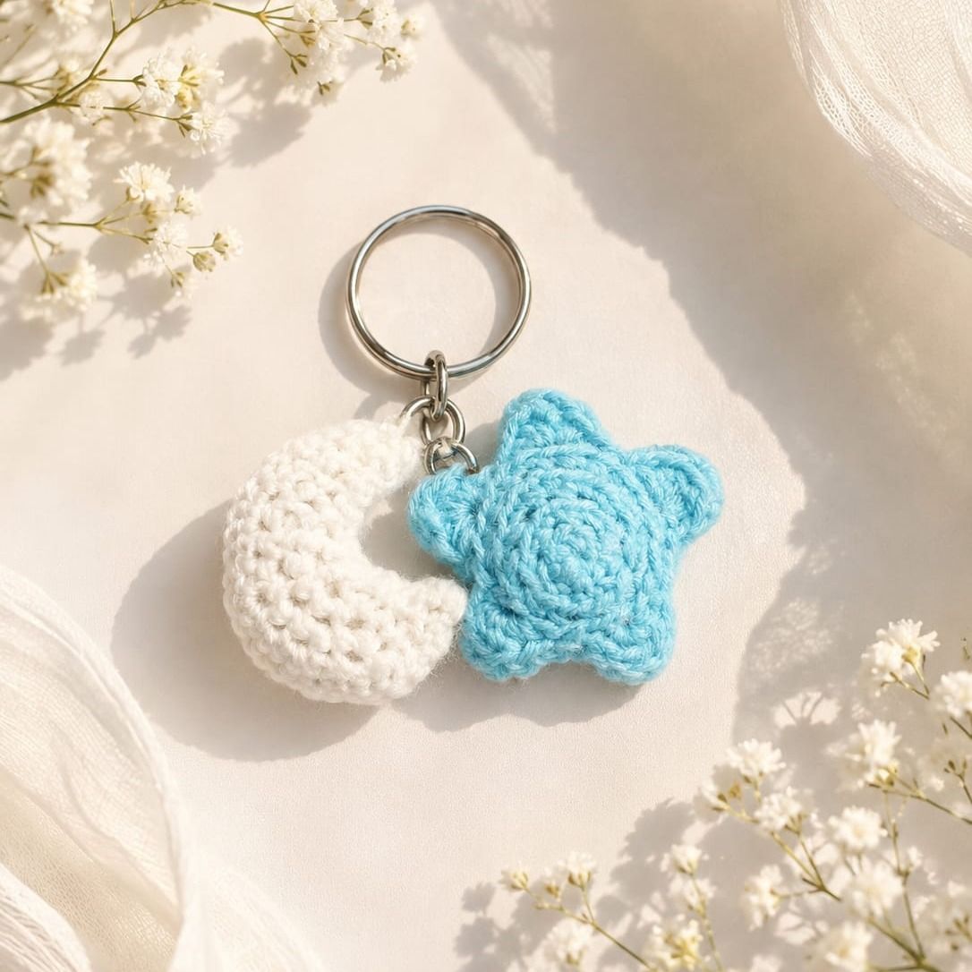 Handmade Crochet Moon & Star Keychain – Blue & White