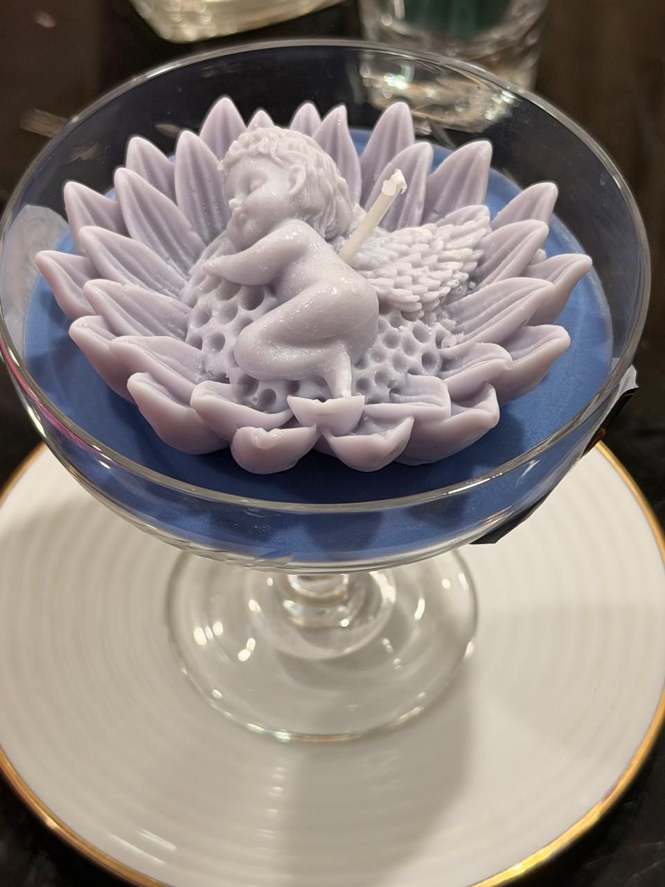 Nature Blooms Handmade Sleeping Angel & Lotus Decorative Glass Candle