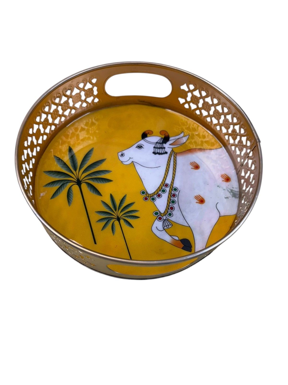 Ethnic Pichwai Cow Motif Round Tray for Pooja, Gifting & Festival Return Gifts | KriaArts - Main physical image