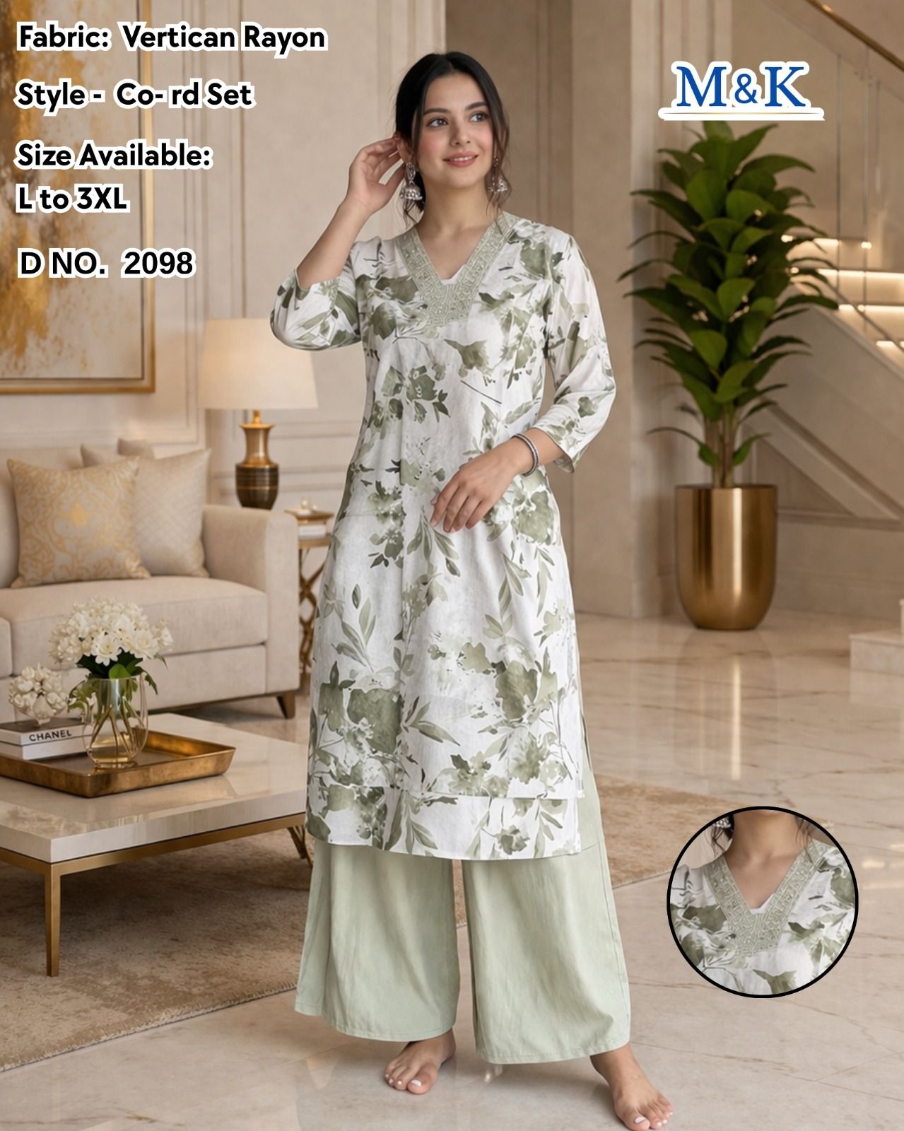 Printed Rayon Kurti with Palazzo Co-Ord Set (Sage Green Floral)