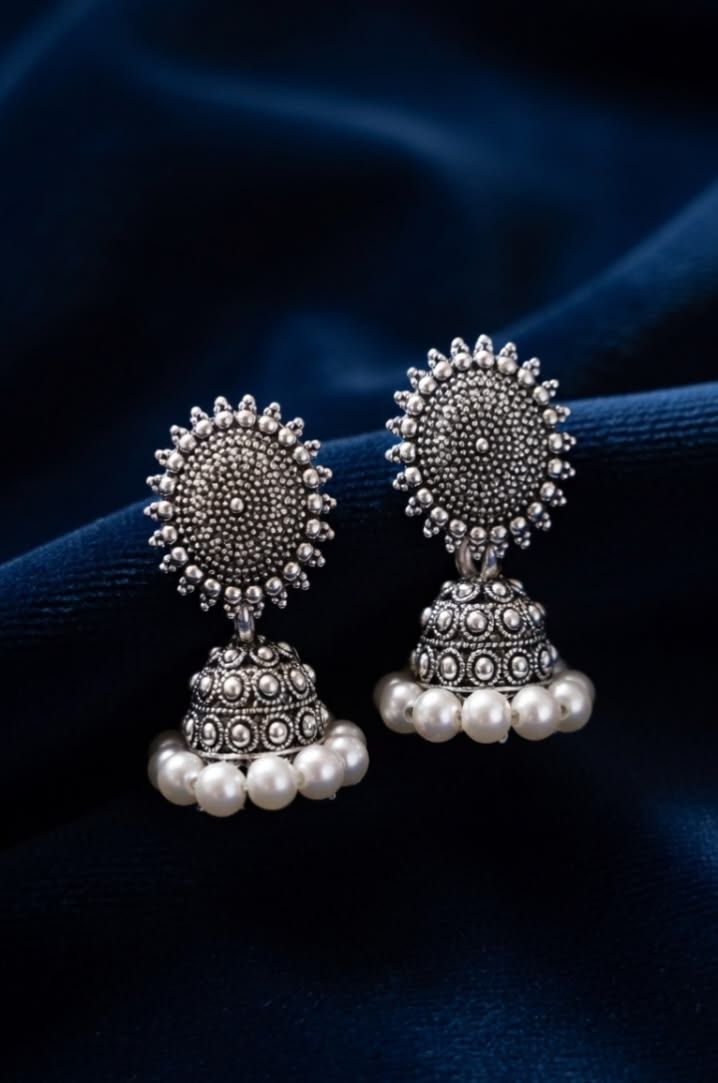 Oxidised Silver Jhumka Earrings with Pearl Drops - image 2