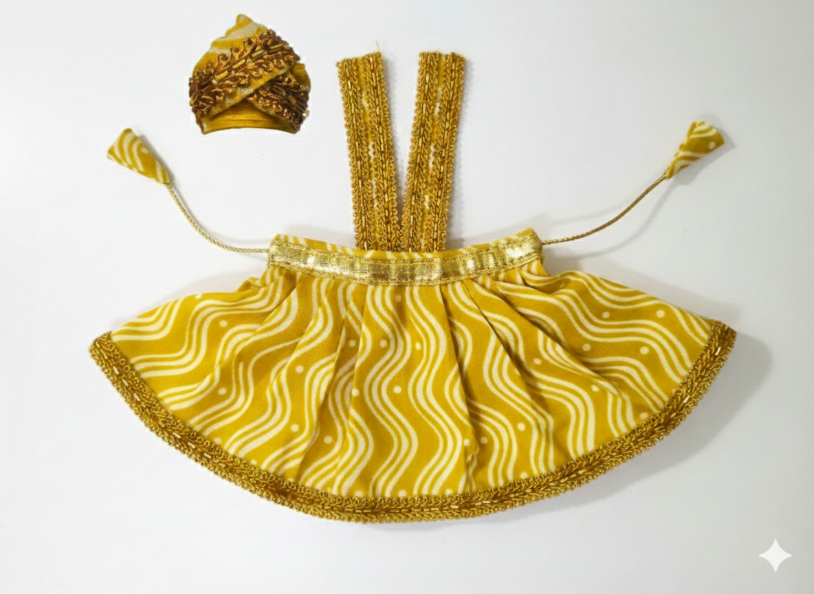Laddu Gopal Frill Cotton Dress with Turban 3 No. Size – Premium Handmade Deity Dress (Yellow) - Main physical image