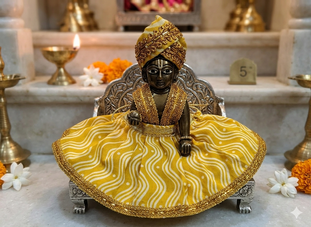 Handcrafted Pure Cotton Laddu Gopal Frill Dress with Turban (Yellow)