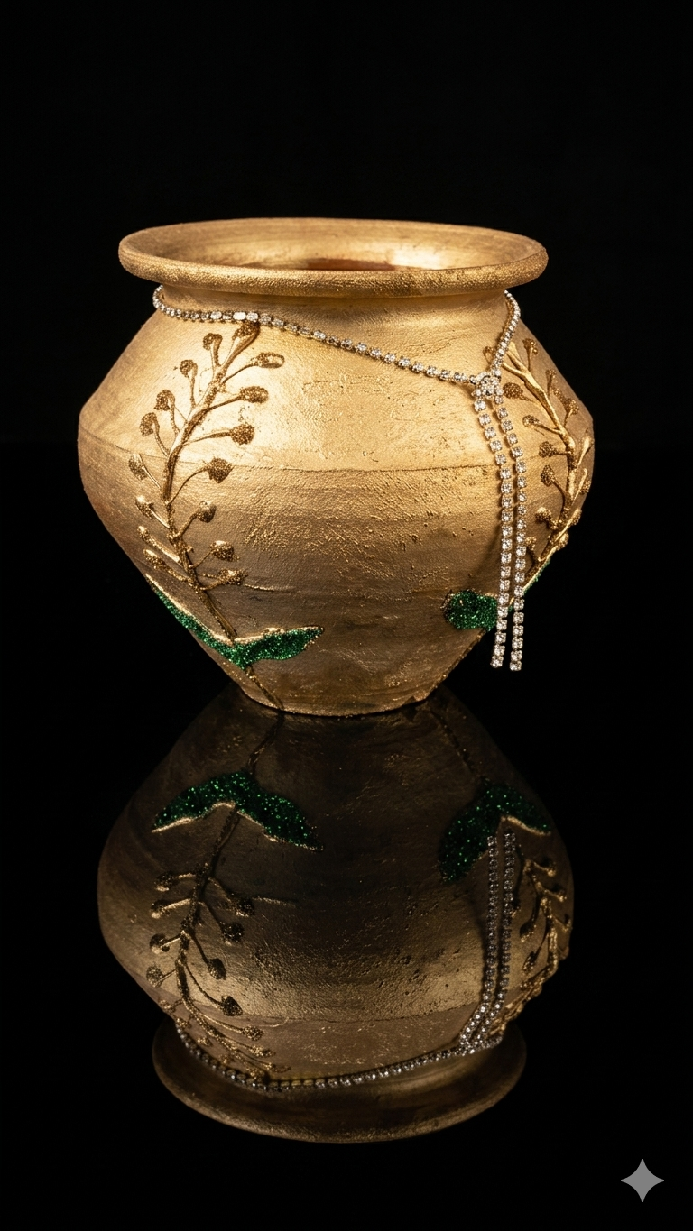 5 inches golden handcrafted and hand painted terracotta/ clay/mitti/ earthen pot/ matki ecofriendly for home/ office/ bedroom/ living room/hotel decor - detail view
