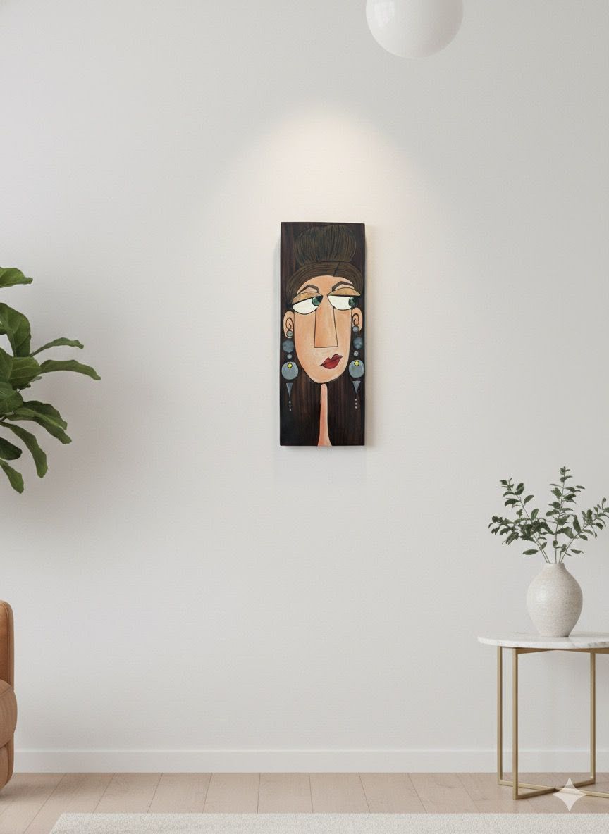 Modern Minimalist Interior Mockup Featuring Abstract Woman Face Wooden Wall Art for Living Room Decor