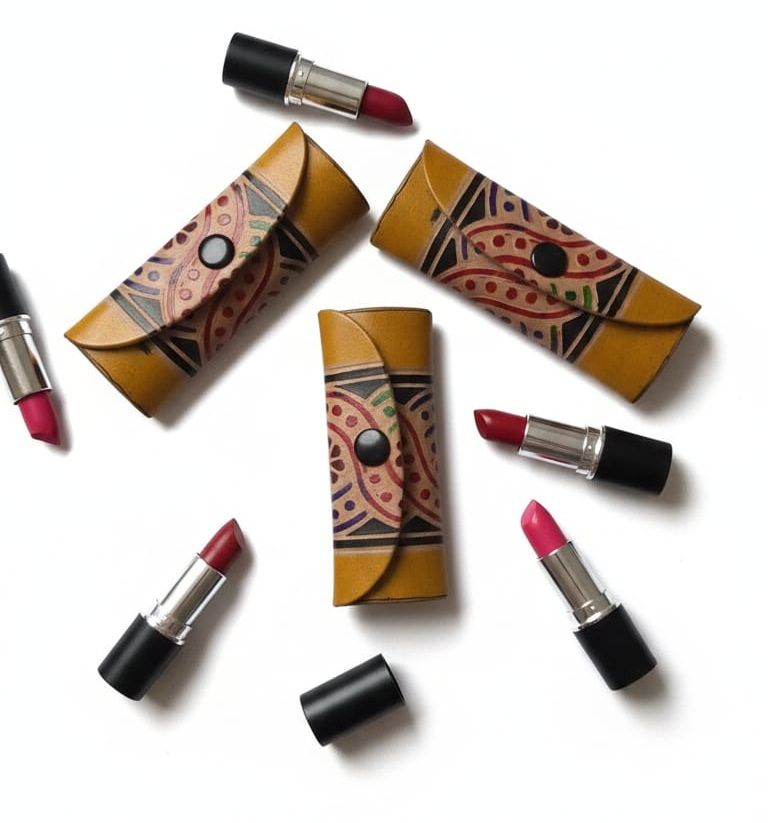 Handcrafted Hand-Painted Genuine Leather Lipstick Case with Mirror
