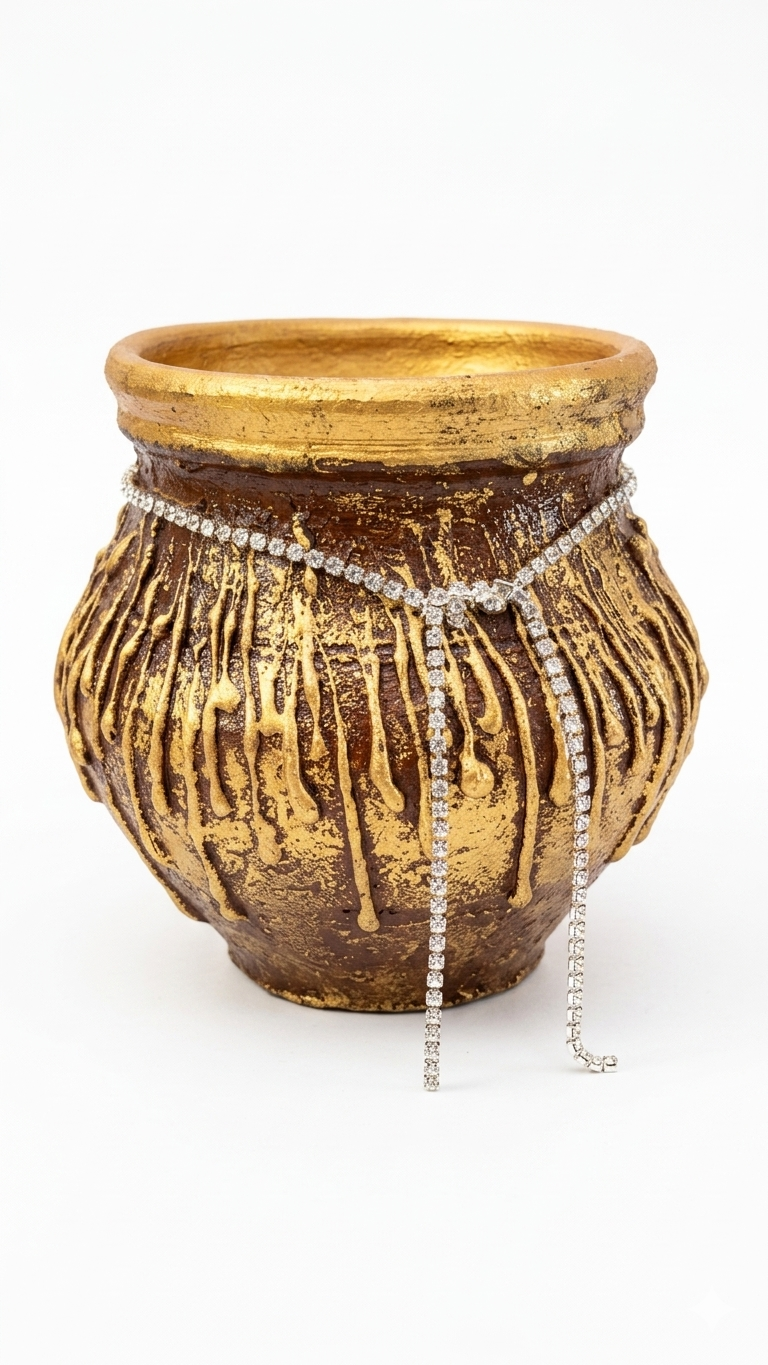 5 inches antique brown golden terracotta/ clay/ mitti/ earthen pot with silver stone chain for home/ living room/ tabletop/ office/ hotel decor - back view