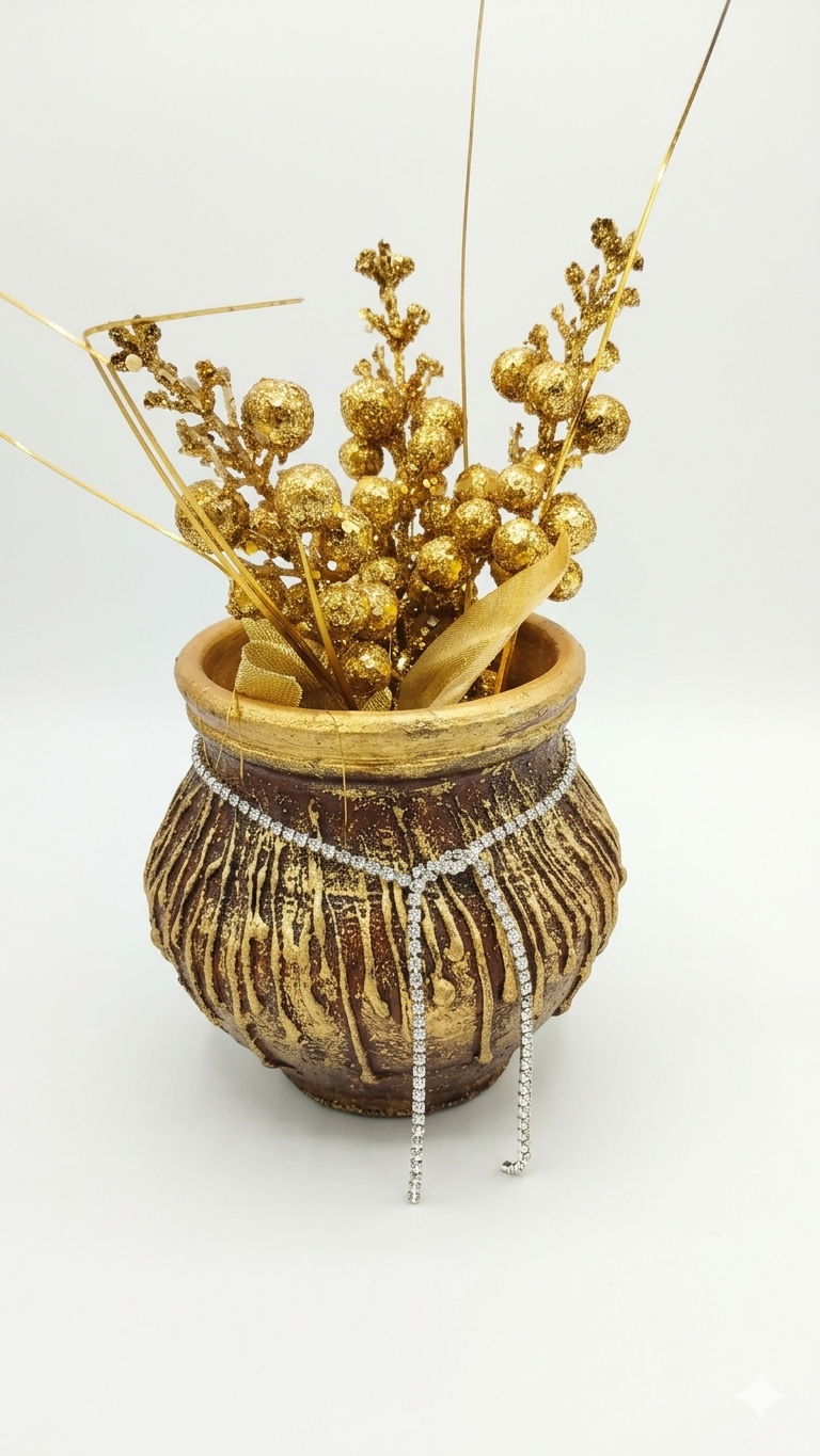 5 inches antique brown golden terracotta/ clay/ mitti/ earthen pot with silver stone chain for home/ living room/ tabletop/ office/ hotel decor - detail view