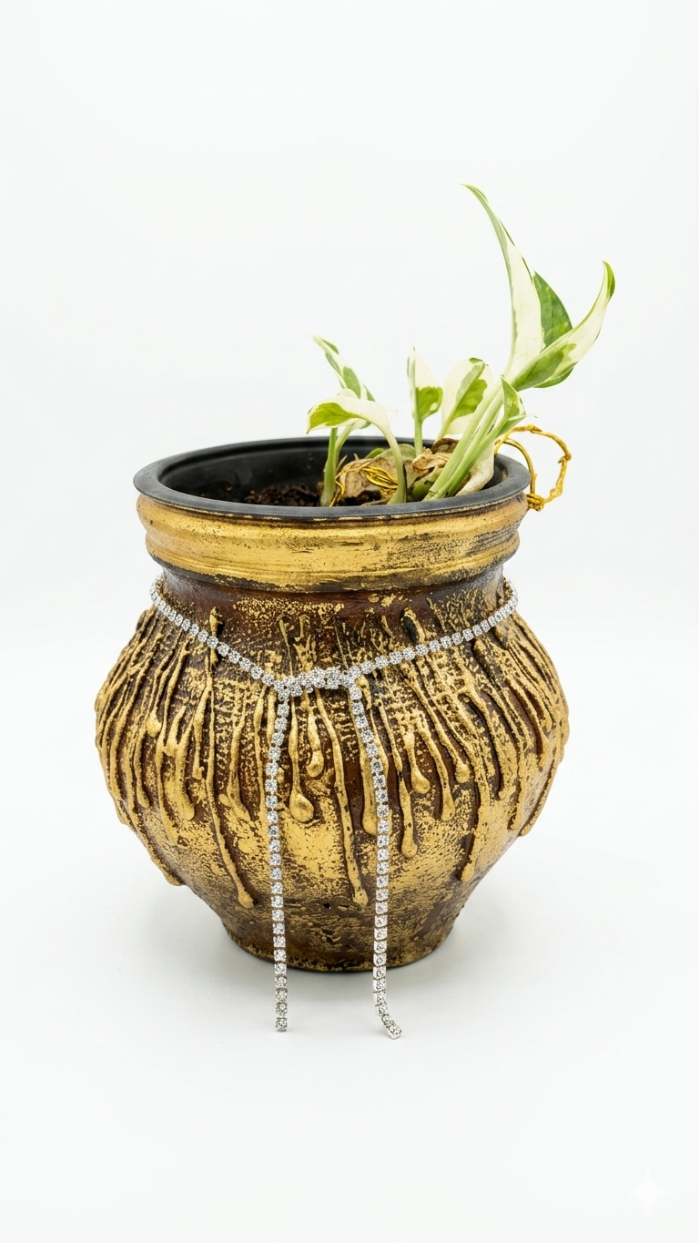 5 inches antique brown golden terracotta/ clay/ mitti/ earthen pot with silver stone chain for home/ living room/ tabletop/ office/ hotel decor - in use
